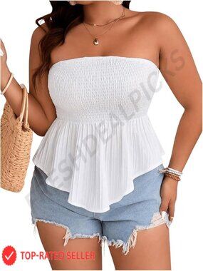 Plus Size Strapless Tube Top Ruffle Hem Shirred Bandeau Summer Sleeveless